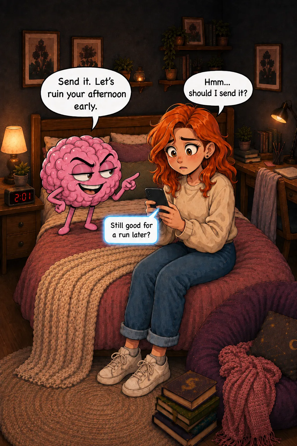 The Girl hesitates over an unsent message about going for a run while Bitch Brain encourages her to ruin the afternoon early.