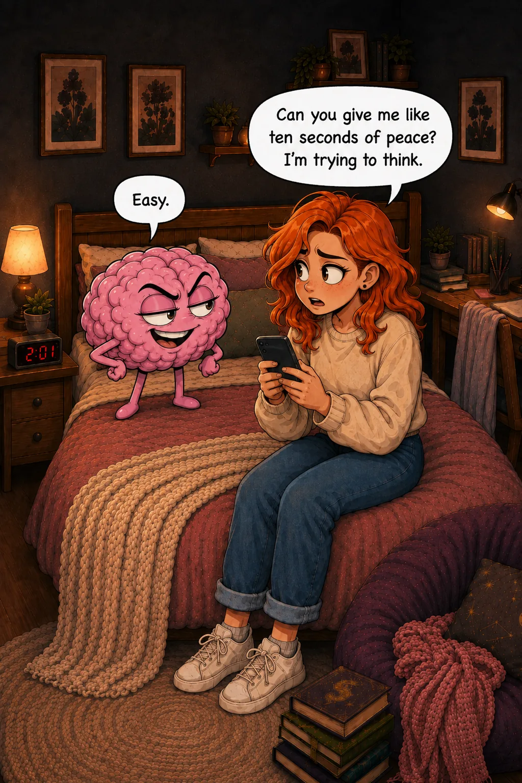The exasperated Girl asks Bitch Brain for ten seconds of peace, and he smugly says it will be easy.