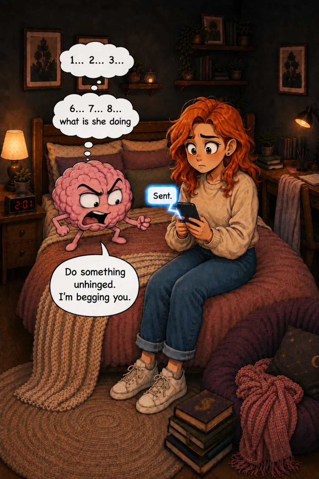 The message is sent. Bitch Brain counts silently, breaks at eight seconds, and begs the Girl to do something unhinged.