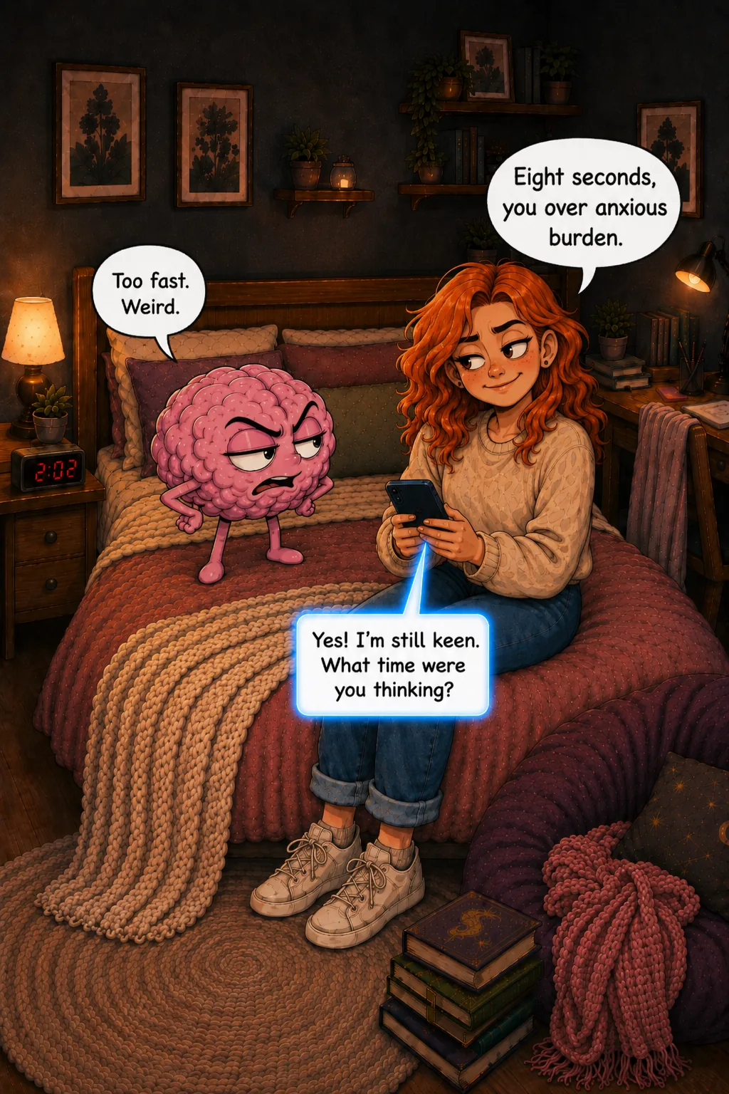 A positive reply arrives. Bitch Brain calls it too fast and weird while the Girl points out that he lasted eight seconds.