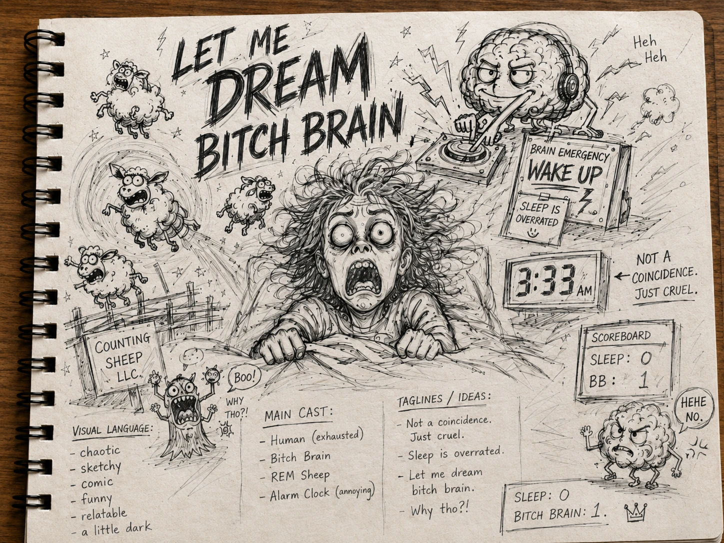 A rough hand-drawn concept sketch on spiral-bound paper with Bitch Brain, a sleepless human, REM sheep, a 3:33 alarm and handwritten development notes.