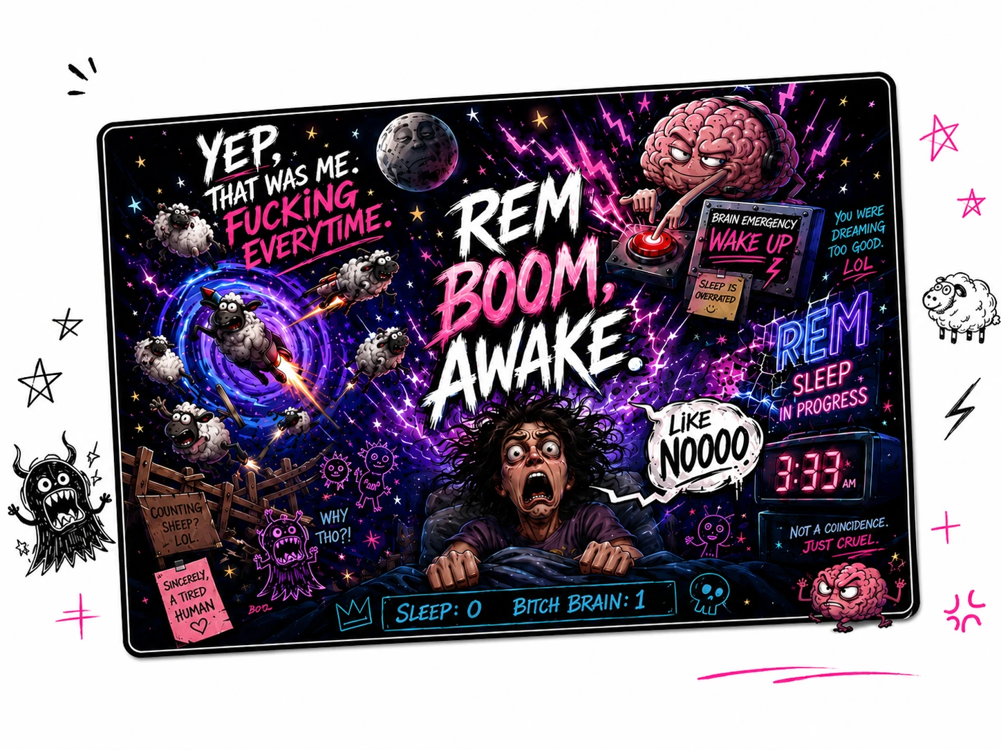 A loud neon comic poster showing Bitch Brain interrupting sleep at 3:33 AM amid flying sheep, lightning and a terrified sleeper.